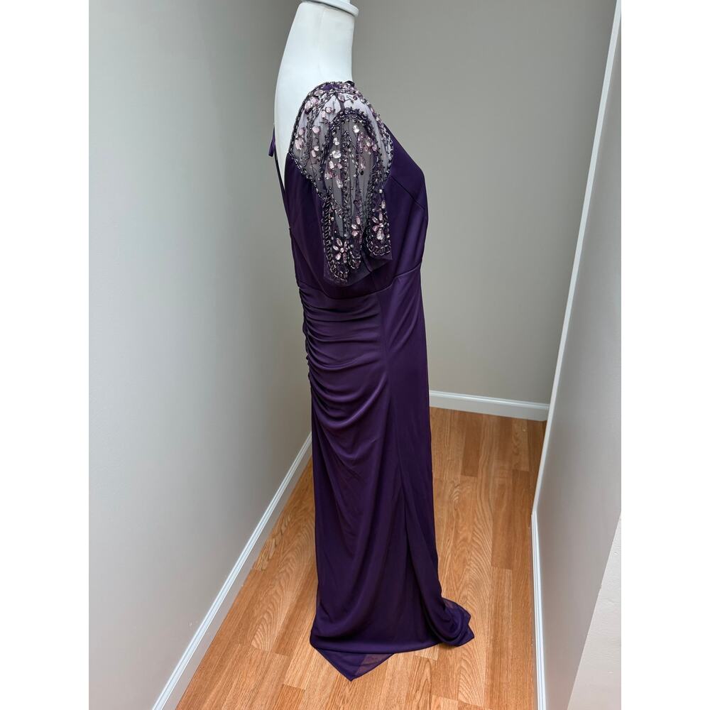 Xscape Evening Dress Plum Lace Draped Formal Beaded Flutter Sleeves Size 16 NWT - Picture 8 of 10